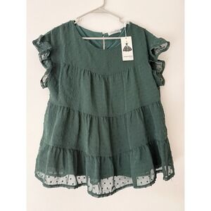 Angashion Women Tops Casual Swiss Dot Cap Sleeve Ruffle Loose Babydoll Shirt XL